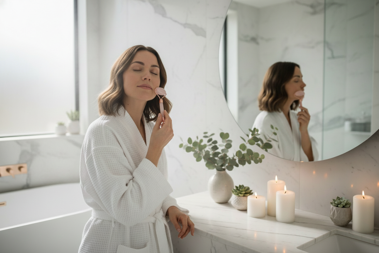 Modelo em casa de banho zen usando rolo facial quartzo rosa
