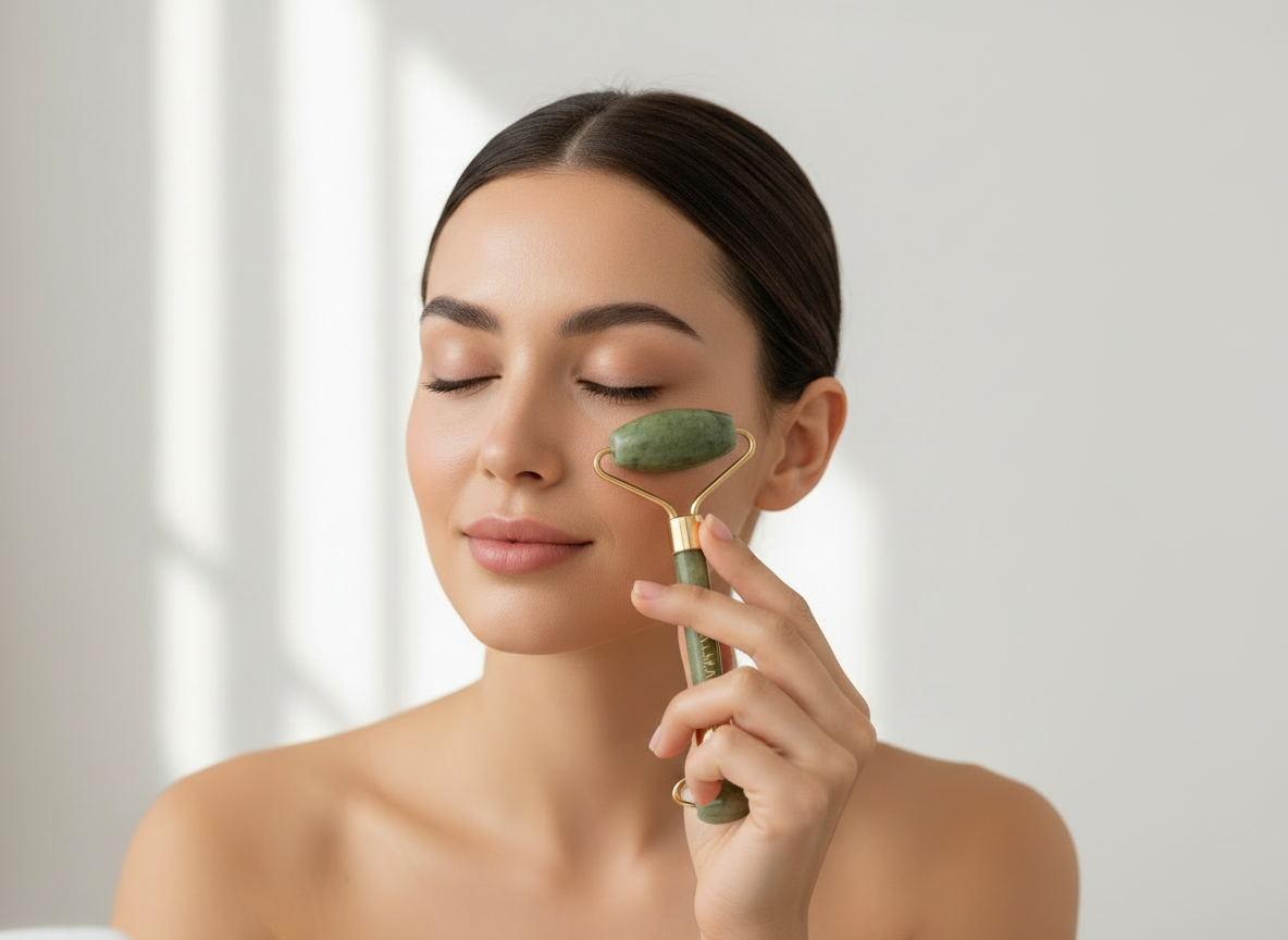 Modelo usando rolo facial jade verde Puralma